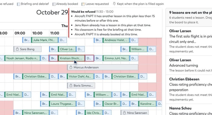 A lesson dragged onto a busy slot on the planning board: the board lists why it would be refused