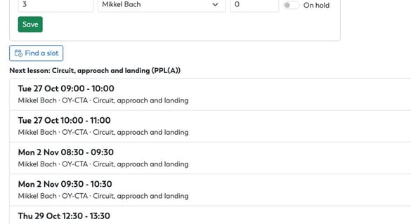 Find a slot on a student report card: the next lesson and five ranked times, each with an instructor and aircraft