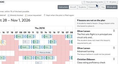 The Not on the plan panel, listing each lesson the schedule left off with the reason